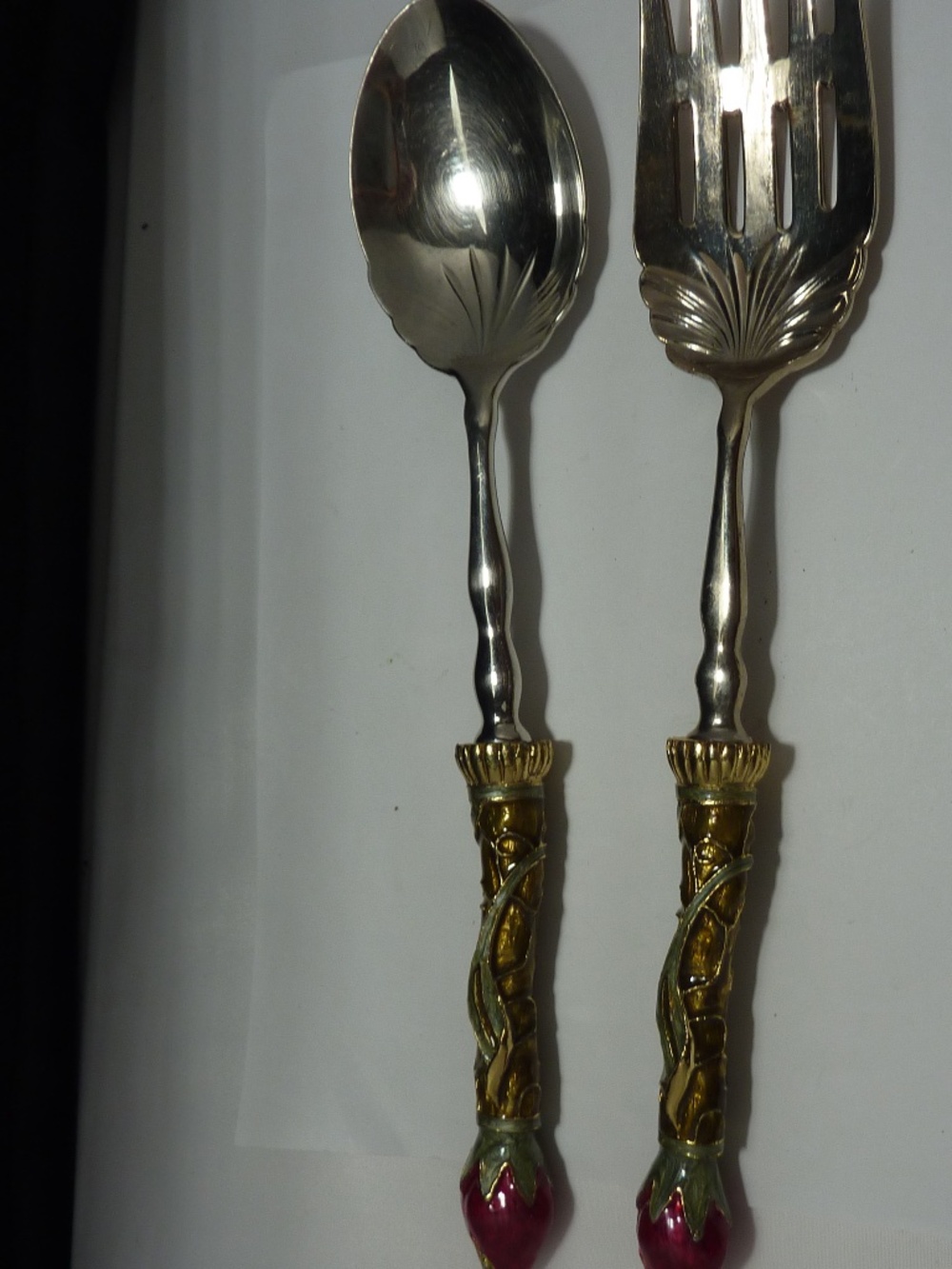 2 SAINTS VTG Large 12" Serving Fork & Spoon Bejeweled and Enameled Handle Heavy